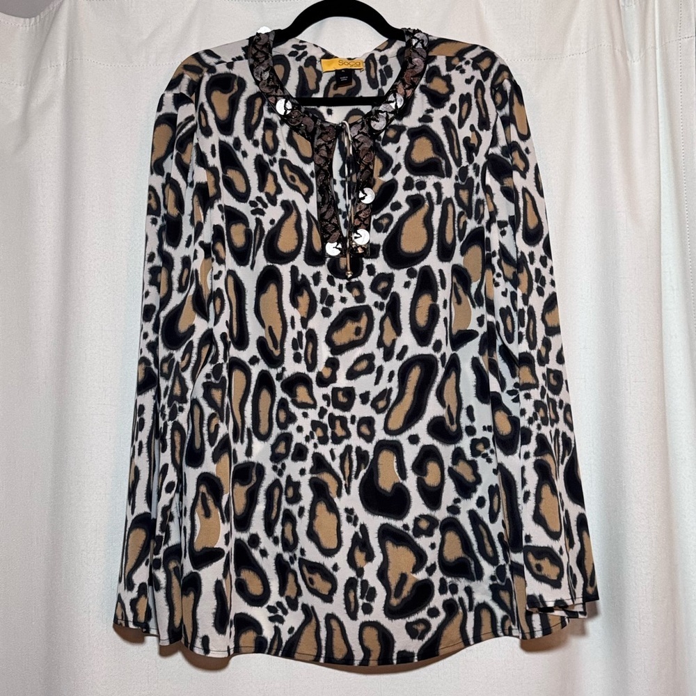 SoCa St. John Leopard Print Blouse with Embellished Neckline